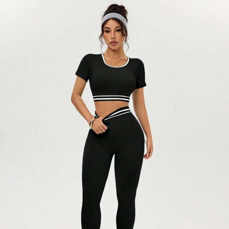 Women Gym Sets Crop Top Shirts Leggings Suits Elastic Fitness Sports Casual Workout Athletic Yoga Pants Tights 2 Pecs Sportswear