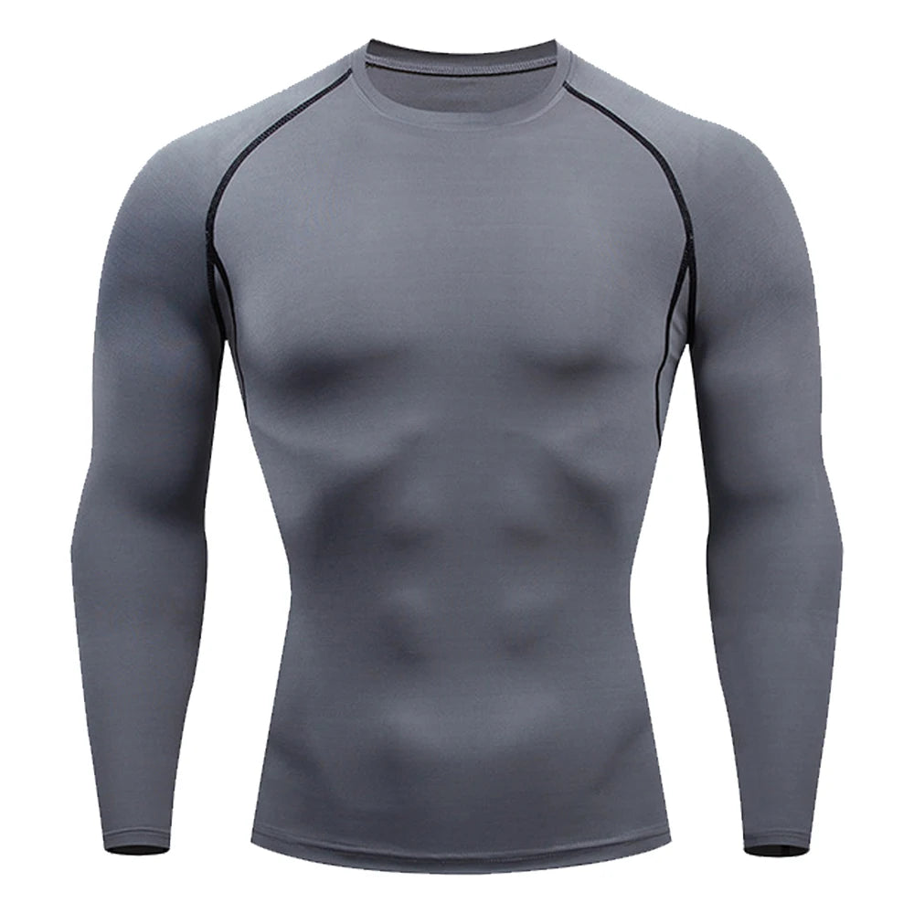 Men's Tight Bodybuilding Long Sleeve Quick Dry Running Sun Sports Compression Thin T Shirt Pullover Gym Fitness Workout Clothing