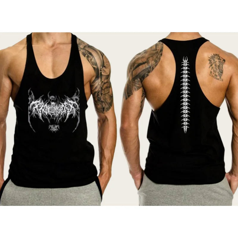 2025 New Cotton Exercise Gym Vest - Men's Muscle Sleeveless Sportswear, Front & Back Print Stringer for Bodybuilding Fitness