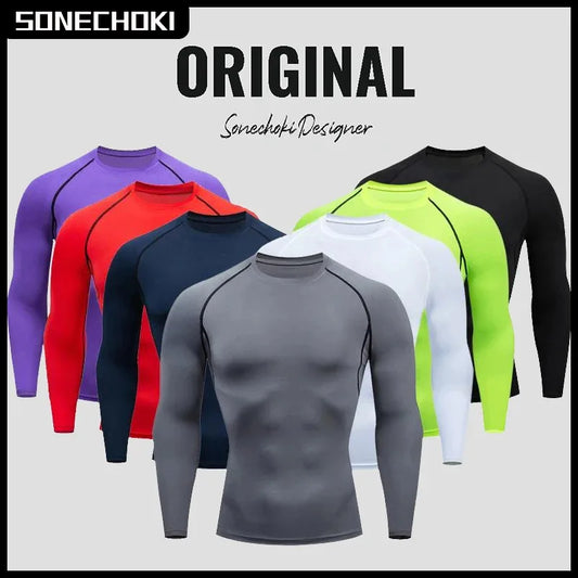 Men's tight fitting running shirt, quick drying long sleeved sportswear, men's gym clothing, fitness T-shirt, training exercise