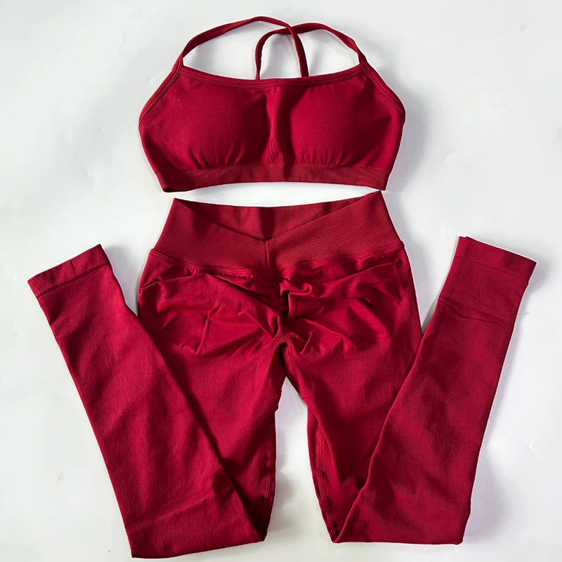 Seamless Yoga Set Women Fitness Sportswear Pilates Clothing V-Back Gym Leggings Push Up Strappy Sports Bra 2 Piece Sports Suits