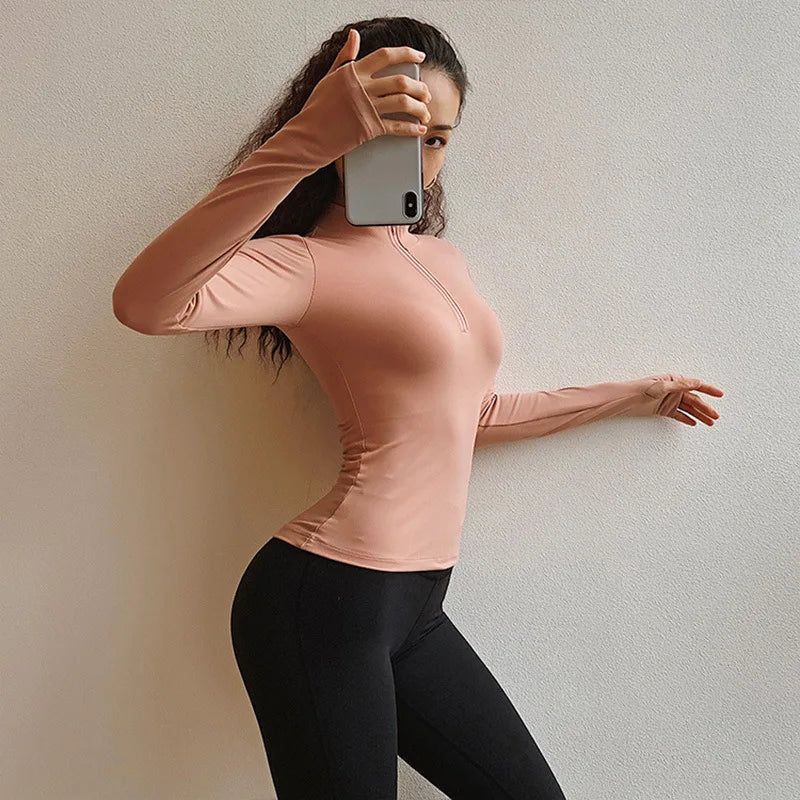 Women Sports Gym Yoga Shirts Half Zipper Long Sleeve Sportswear Tops Fitness Running Jackets Training Jogging Workout T-shirts