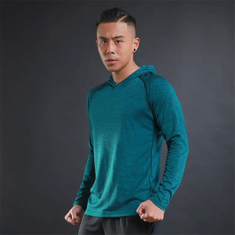 Men Elastic Running Tops Breathable Long Sleeve Gym t Shirt Male Casual Hooded t-Shirts Quick Dry Fitness Shirts Man Clothing