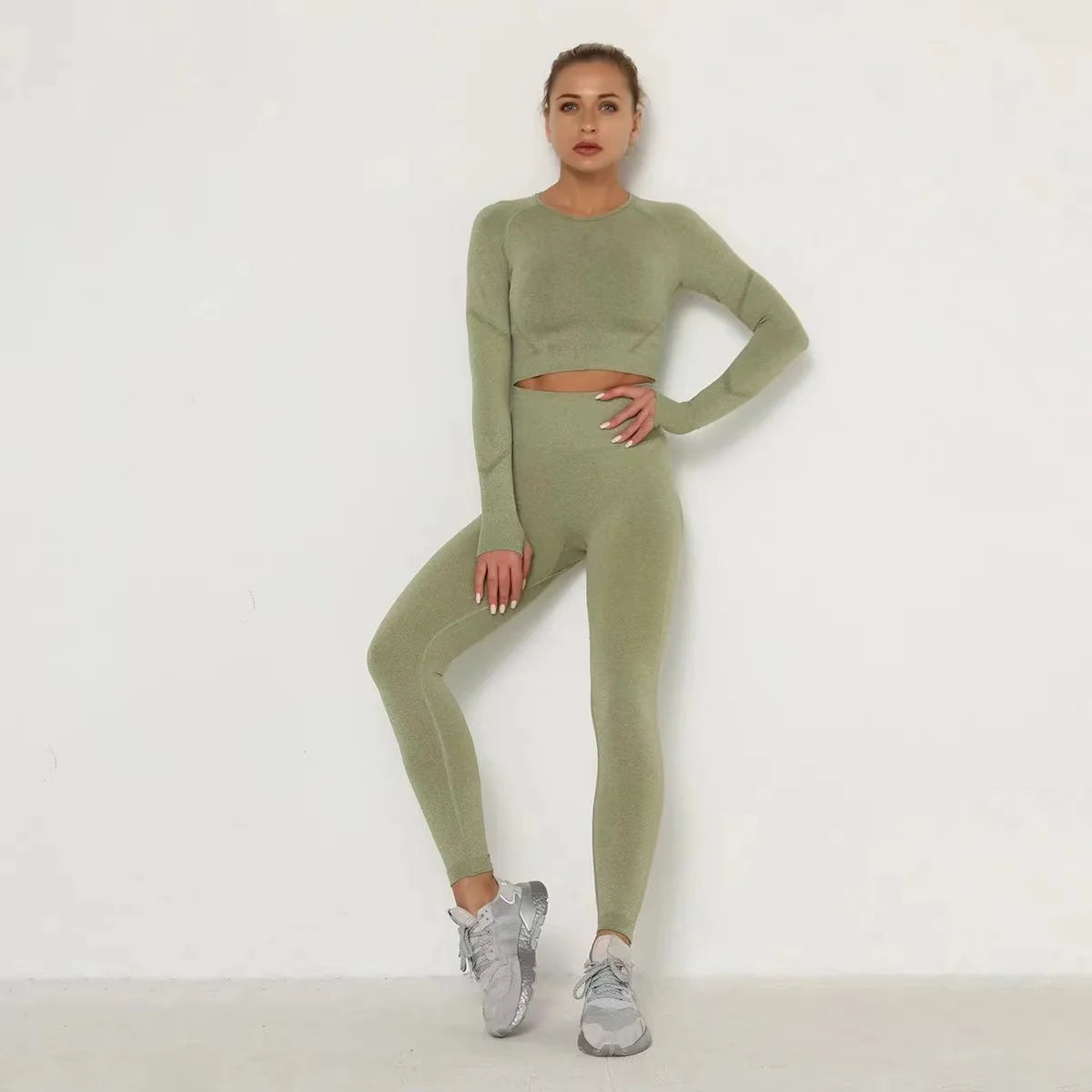 Seamless Yoga Sets Women Workout Sportswear Gym Clothing Long Sleeve Crop Top High Waist Leggings Workout Fitness Sports Suits