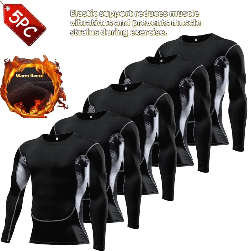 5-Piece Gym Clothing Winter Thermal Bodybuilding Top Men's Jogging Compression Running T Shirt Fitness camisetas de hombre