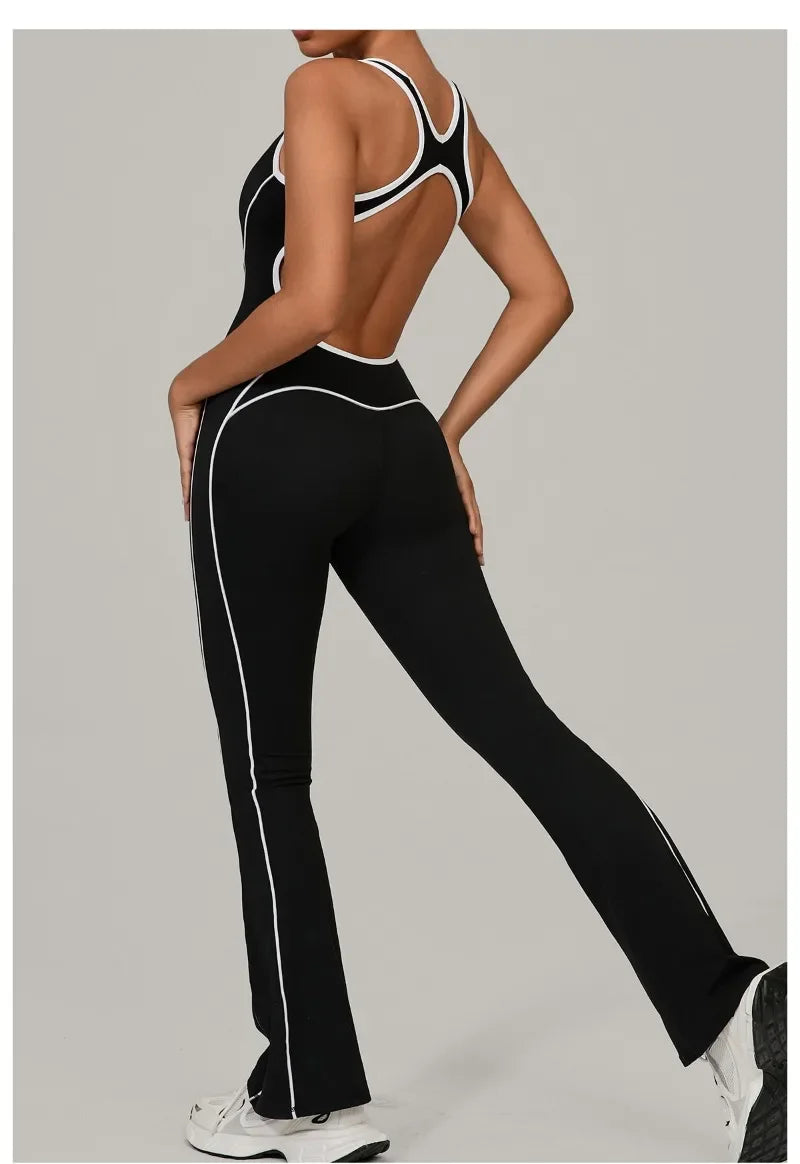 Yoga Jumpsuit Sports Fitness Hip Lifting Pleating Beautiful Back One-piece Micro Flared Workout Clothing Gym Bodysuit for Women