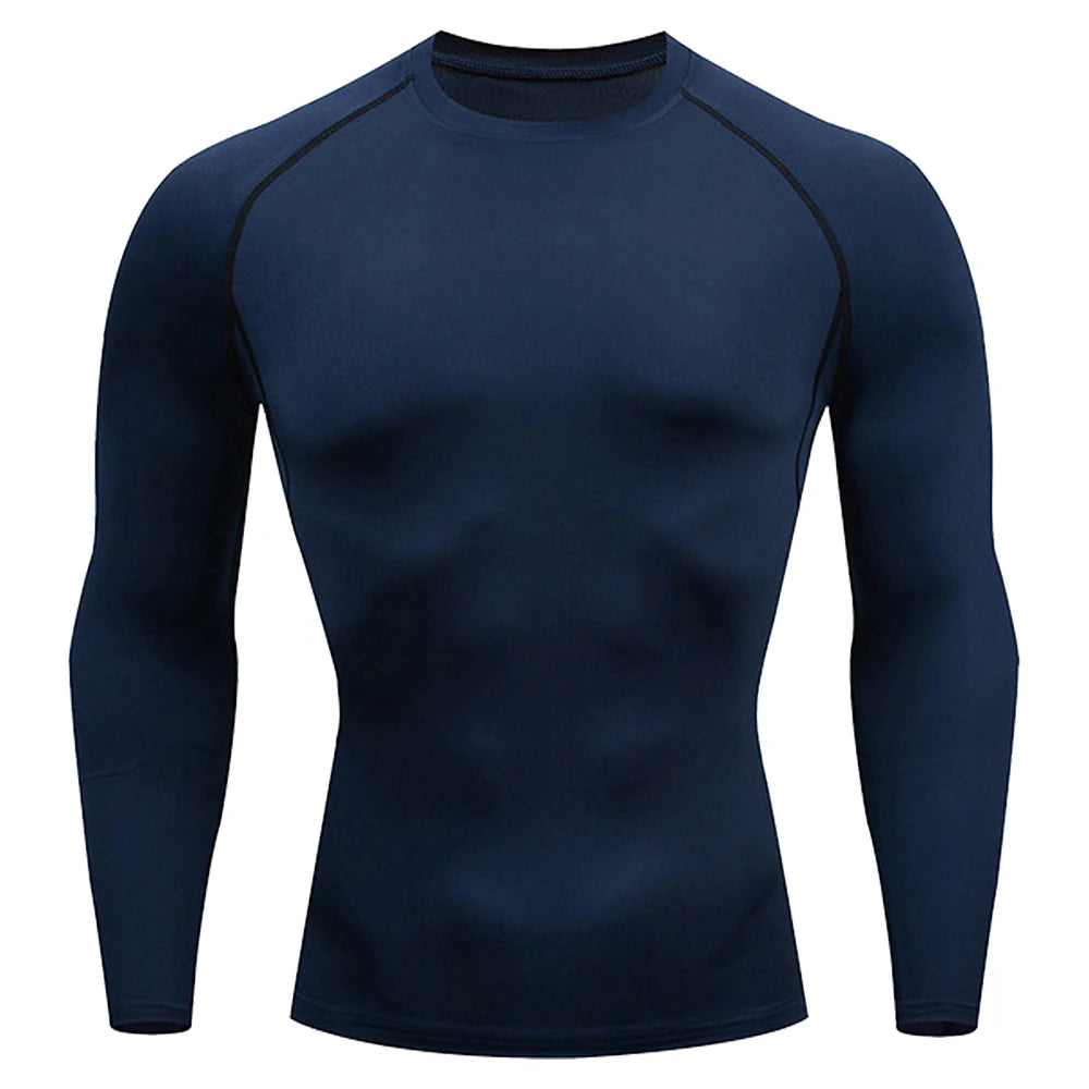 Men's Tight Bodybuilding Long Sleeve Quick Dry Running Sun Sports Compression Thin T Shirt Pullover Gym Fitness Workout Clothing