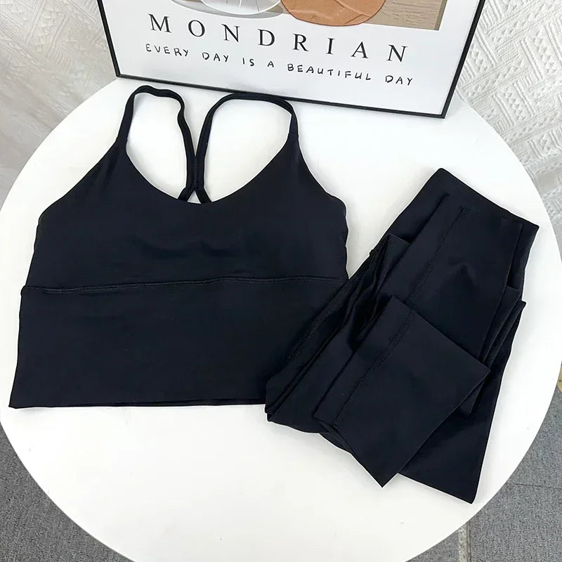 2 Piece Yoga Set Sportswear Fitness Suits Sexy Cross back Yoga Tops Elasticity High Waist Leggings Running Sports Clothing👚👍️