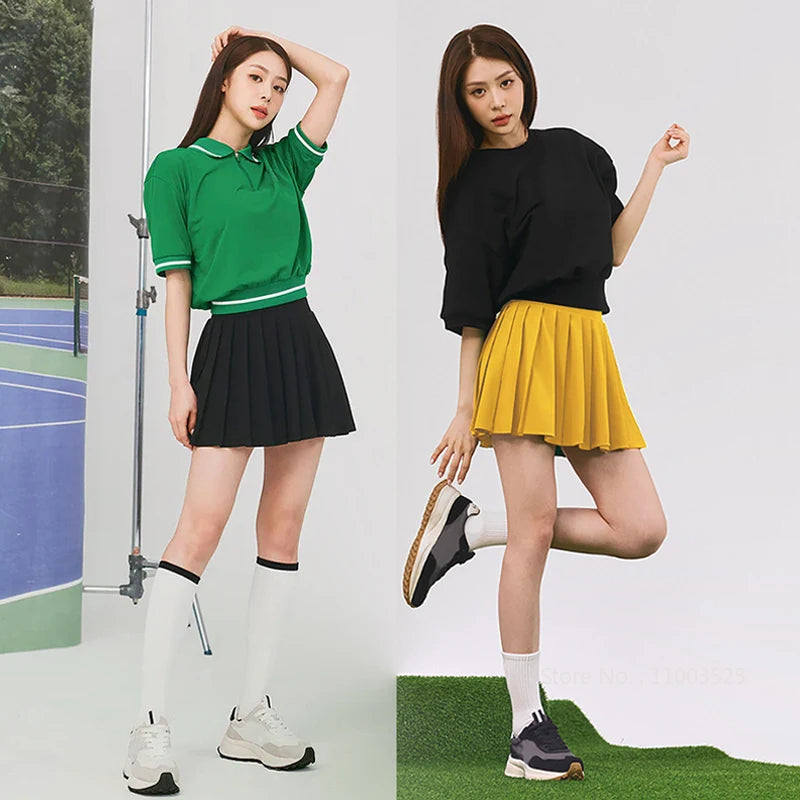 Women Tennis Outfit Quick Dry Fitness Polo Shirt Gym Workout Yoga Top Ladies Pleated Slim Culottes Anti-emptied Badminton Skirt