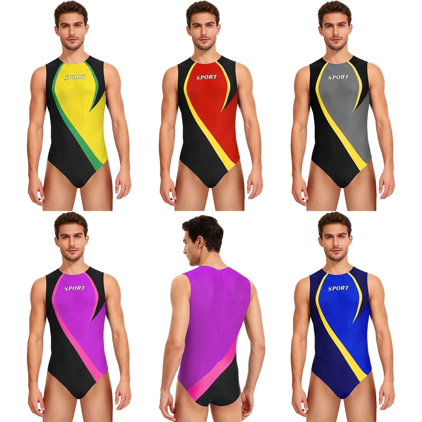 Gym Bodybuilding Leotard for Mens One-piece Swimsuit Sleeveless Zipper Color Block Sports Bodysuit Workout Athletic Costume