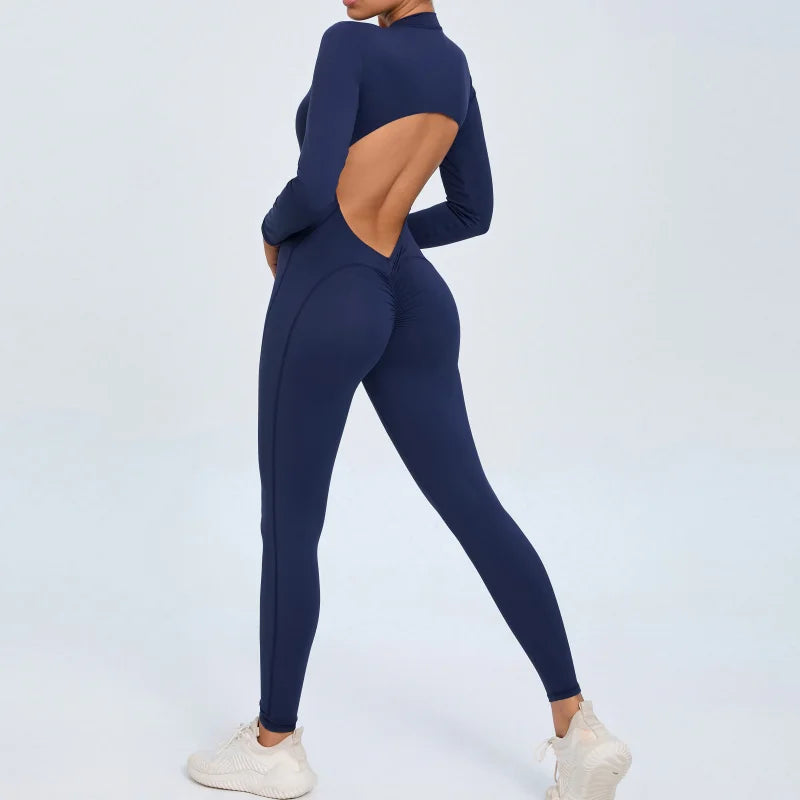 Women Sportwear Yoga Jumpsuit Zipper Long Sleeve Back Open Outfit Fitness Tracksuit Tight One-piece Gym Overalls Sports Bodysuit