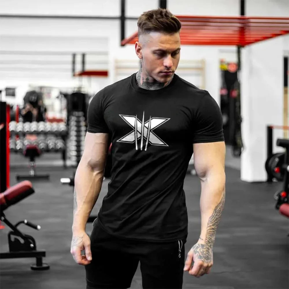 Men's Gym Fitness Clothing Man Cotton Sports Short Sleeve T-shirt Running Training Cotton Printed Shirt Sweatshirt Casual Tops
