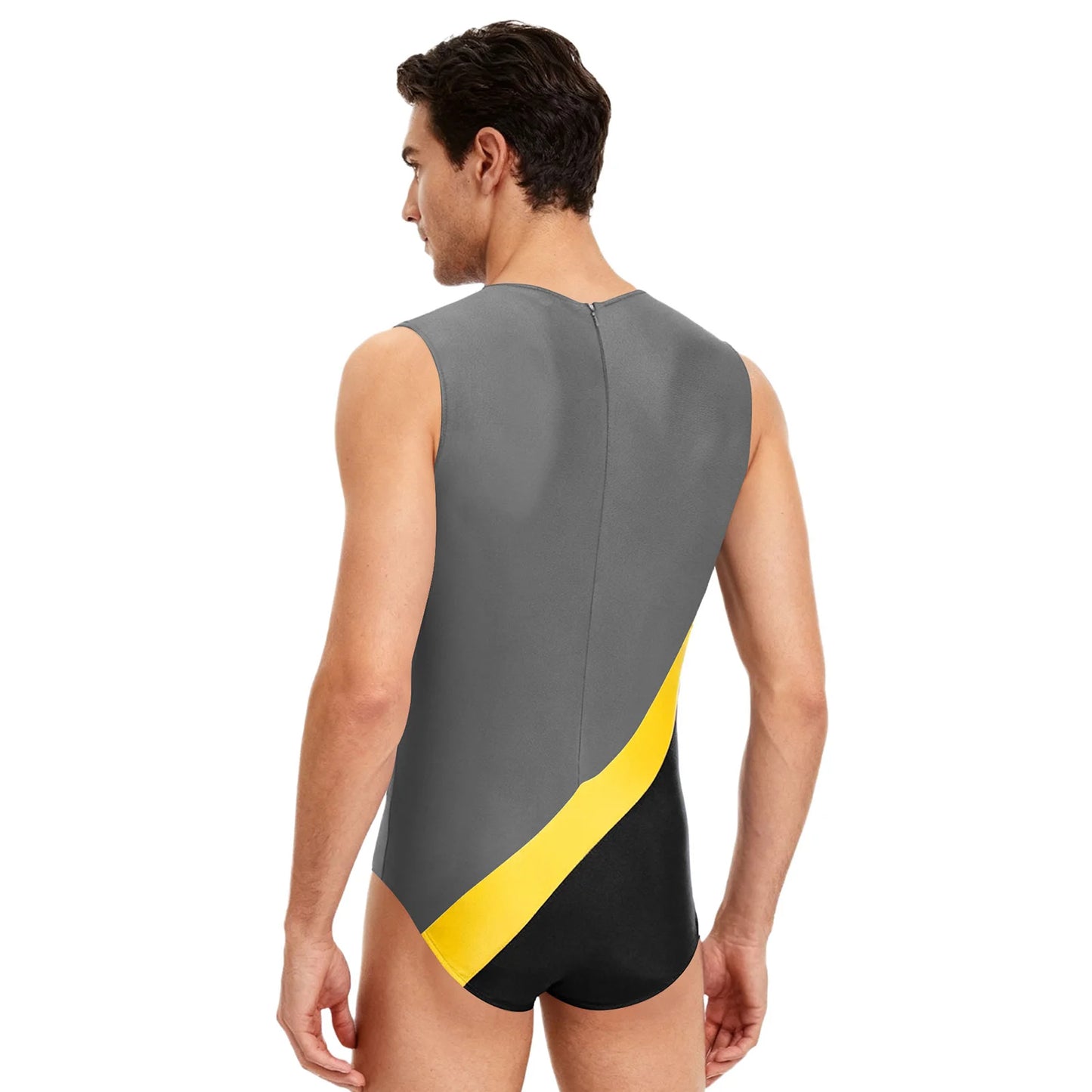 Swimwear Mens Gym Workout Athletic Leotard Jumpsuit Swimsuit Round Neck Back Invisible Zipper Color Block Sports Bodysuit