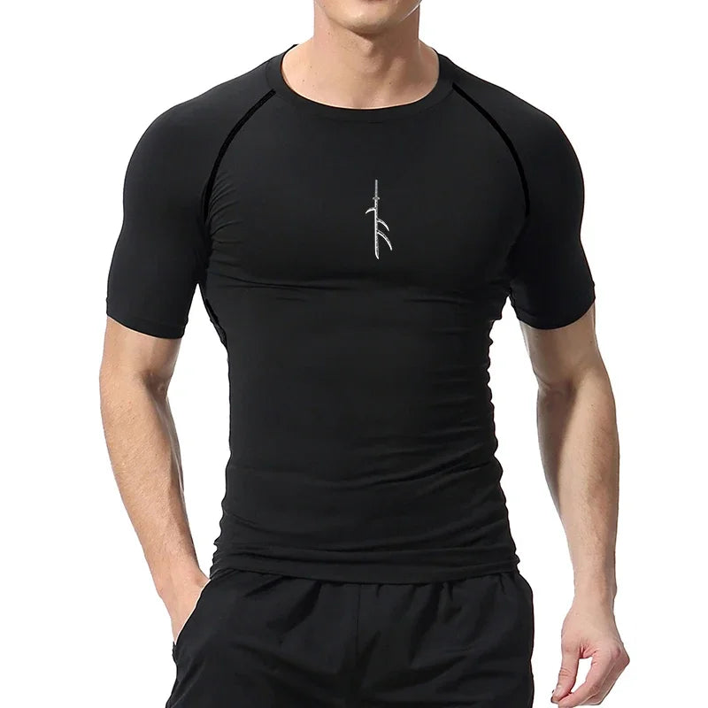 Gym Workout Running T-shirt Men Graphic Print Compression Shirt Breathable T-shirt Top Sports Quick-drying Bottoming Sportswear