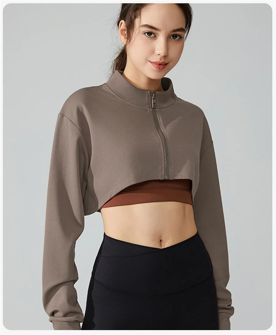 Women Yoga Crop Top Sports T-Shirts Gym Clothing Loose Full Zip-up Long Sleeve Sportswear Workout Clothing Fitness Jacket