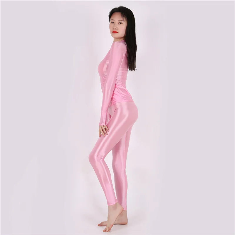 Yoga Suit Oily Pants+ Top Silky Shiny Sexy Workout Clothes for Women High Elastic Plus Size Gym Clothing Set