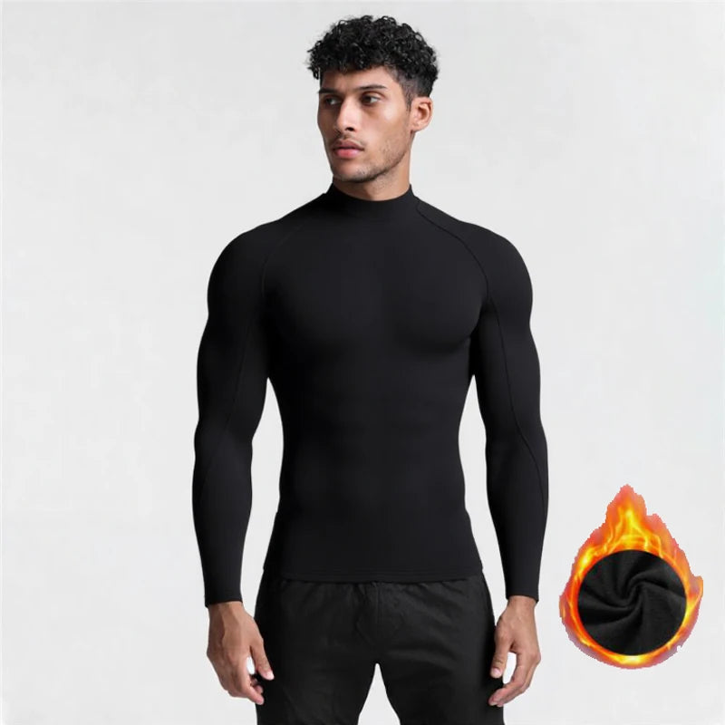 Men Winter Fleece Compression Sport Gym t-Shirt High-Collar Fitness Tops Quick Dry Football t Shirt Running Shirts Gym Clothing