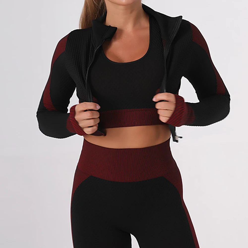 Women's 3PC Seamless Gym Clothing Workout Outfit with Jacket Bra & Leggings Set Three-piece Yoga Suit for Sports Fitness