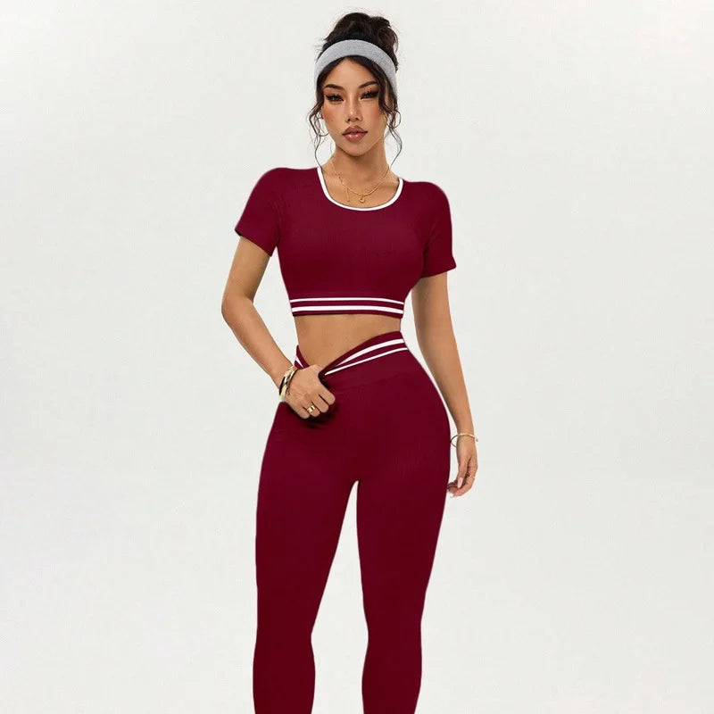 Women Gym Sets Crop Top Shirts Leggings Suits Elastic Fitness Sports Casual Workout Athletic Yoga Pants Tights 2 Pecs Sportswear