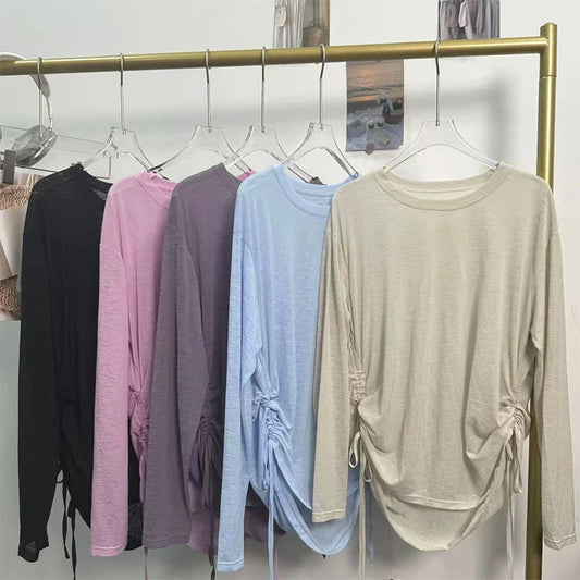 Women's Yoga Cover Up Shirt Long Sleeve, Drawstring Loose Fit Tunic, Breathable Round Neck Outerwear for Gym