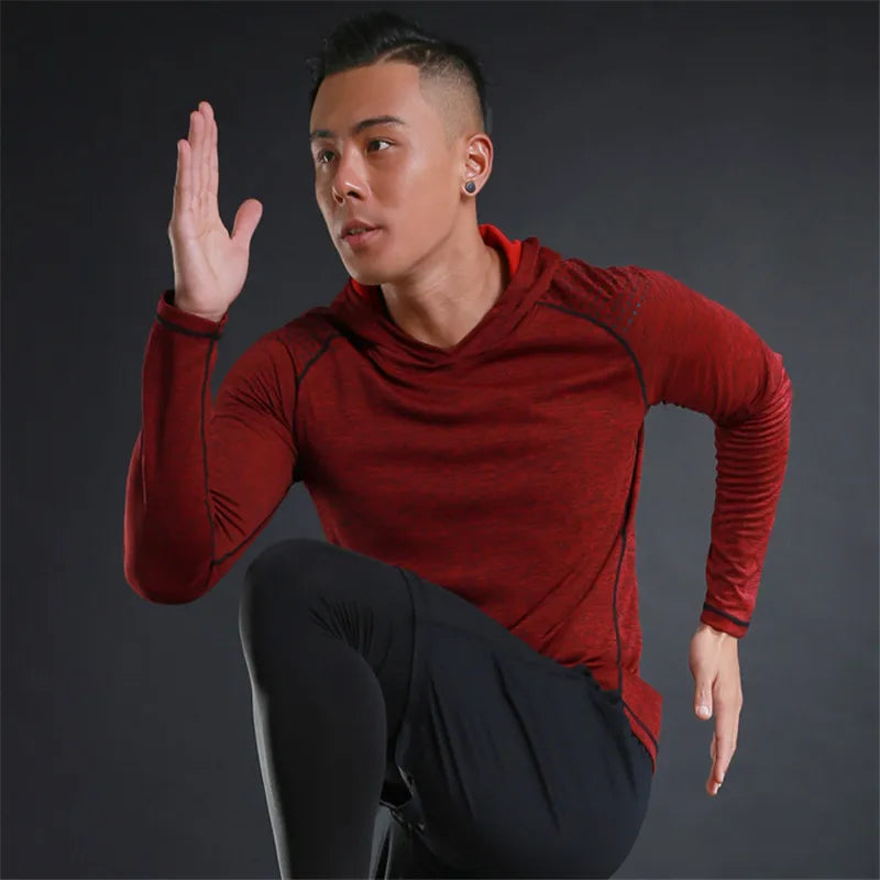 Men Elastic Running Tops Breathable Long Sleeve Gym t Shirt Male Casual Hooded t-Shirts Quick Dry Fitness Shirts Man Clothing