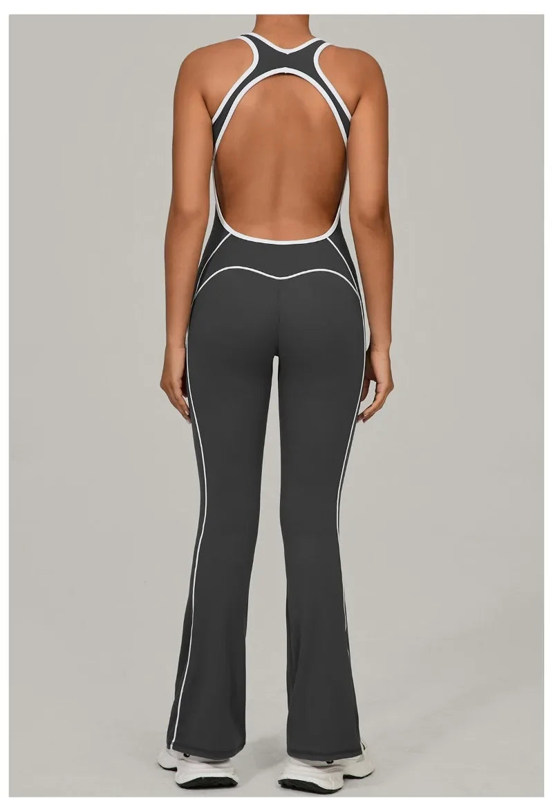 Yoga Jumpsuit Sports Fitness Hip Lifting Pleating Beautiful Back One-piece Micro Flared Workout Clothing Gym Bodysuit for Women