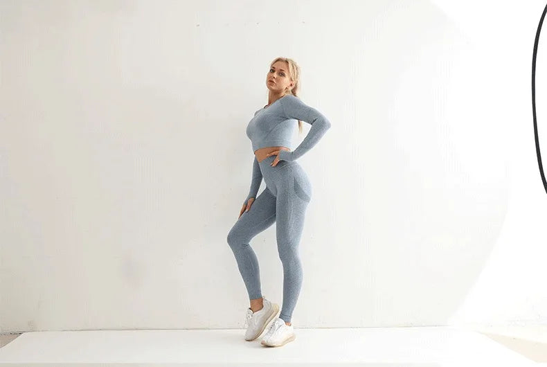 Seamless Yoga Sets Women Workout Sportswear Gym Clothing Long Sleeve Crop Top High Waist Leggings Workout Fitness Sports Suits
