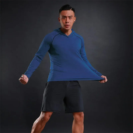 Men Elastic Running Tops Breathable Long Sleeve Gym t Shirt Male Casual Hooded t-Shirts Quick Dry Fitness Shirts Man Clothing