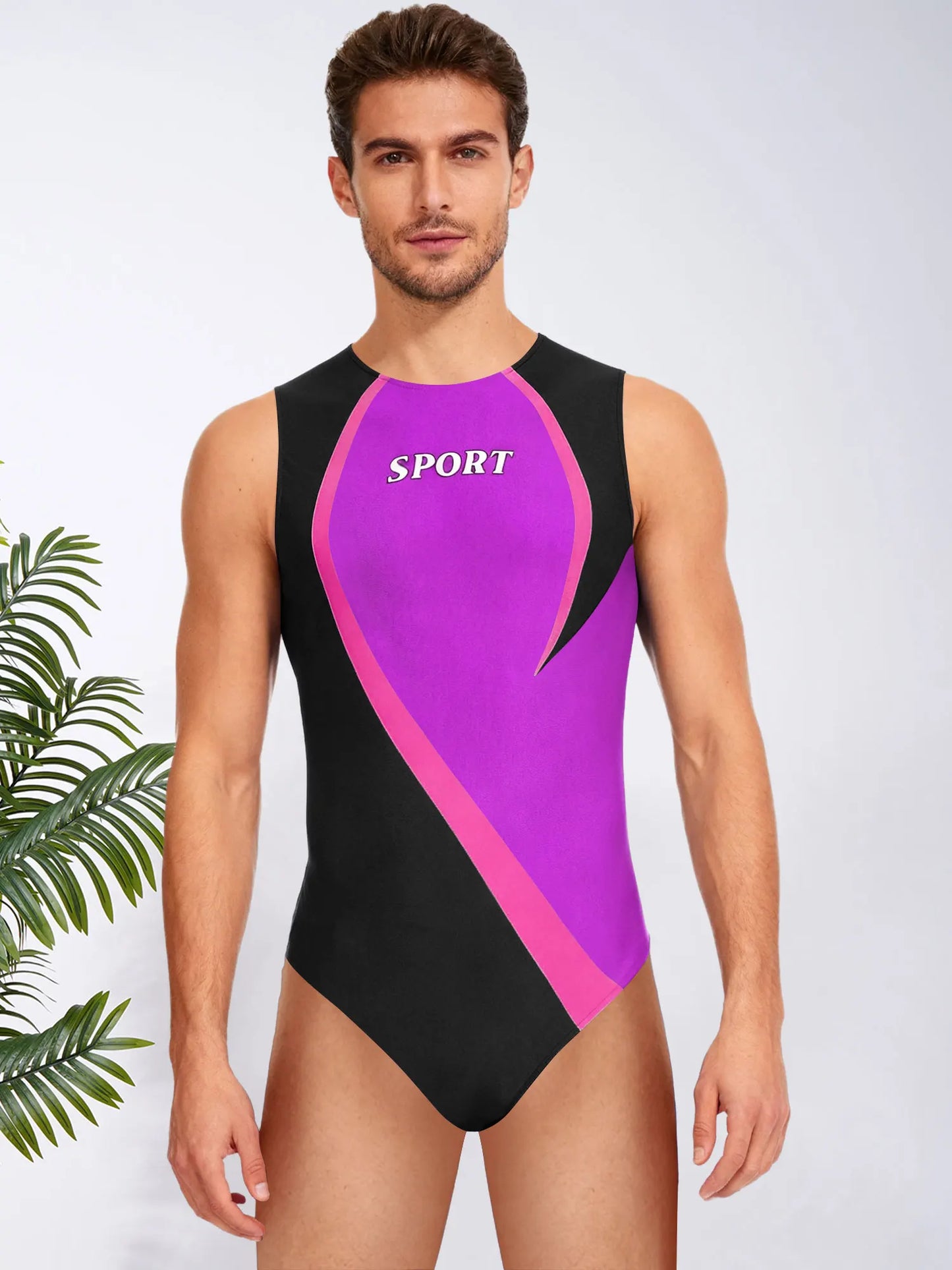 Gym Bodybuilding Leotard for Mens One-piece Swimsuit Sleeveless Zipper Color Block Sports Bodysuit Workout Athletic Costume