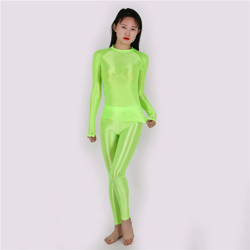 Yoga Suit Oily Pants+ Top Silky Shiny Sexy Workout Clothes for Women High Elastic Plus Size Gym Clothing Set