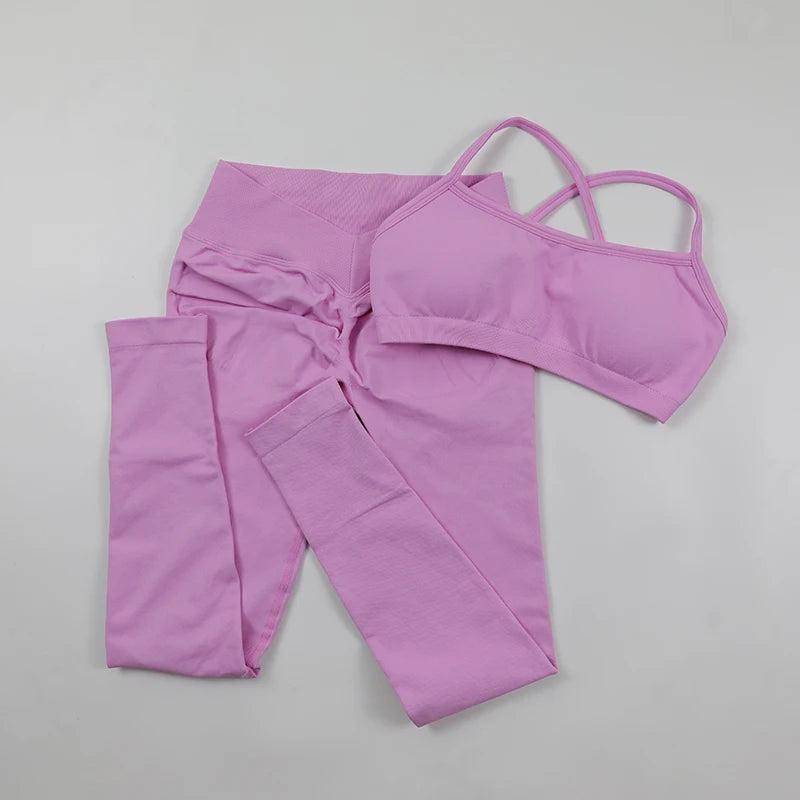 Seamless Yoga Set Women Fitness Sportswear Pilates Clothing V-Back Gym Leggings Push Up Strappy Sports Bra 2 Piece Sports Suits