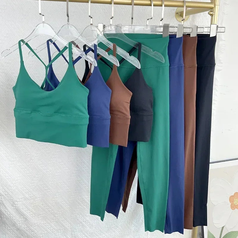 2 Piece Yoga Set Sportswear Fitness Suits Sexy Cross back Yoga Tops Elasticity High Waist Leggings Running Sports Clothing👚👍️