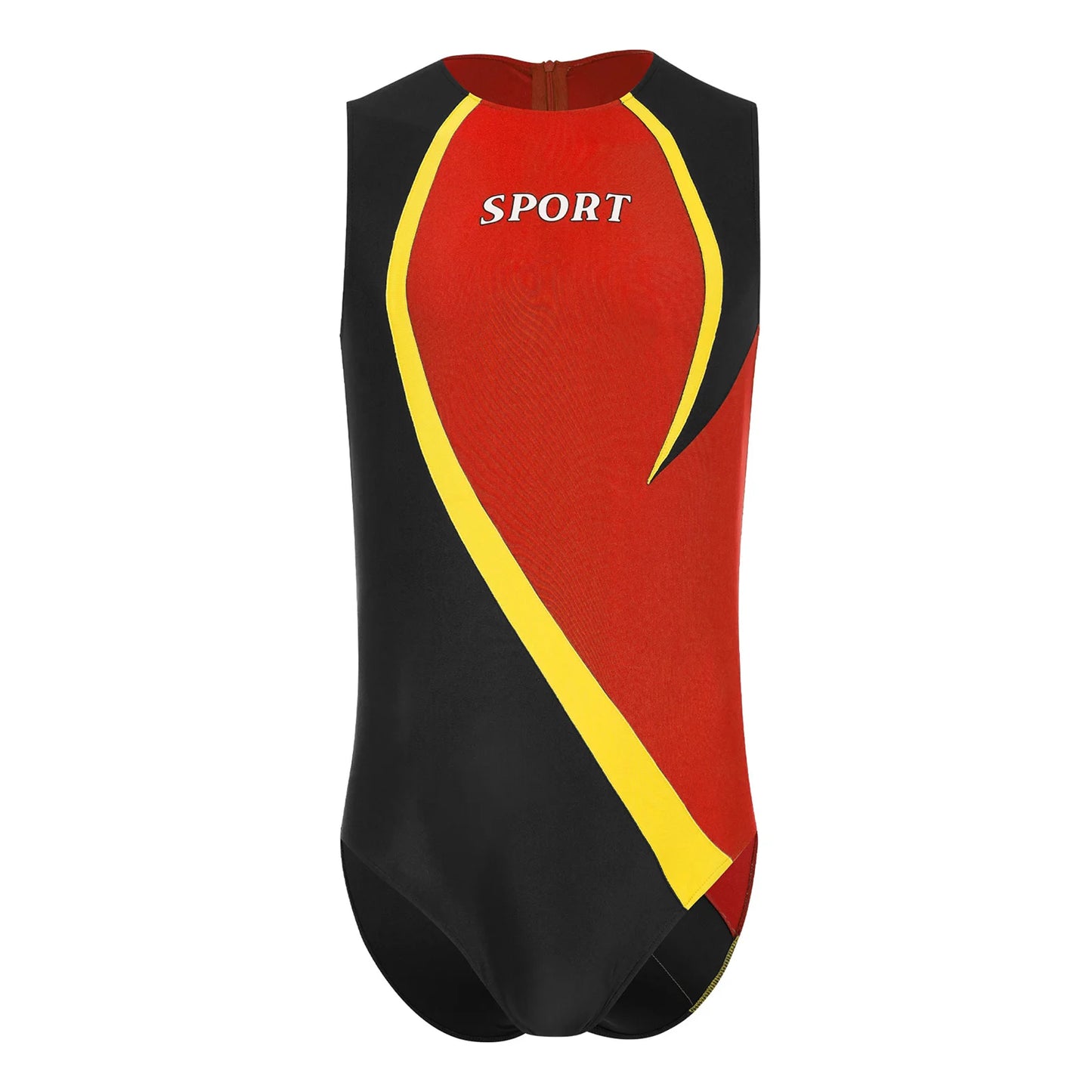 Gym Bodybuilding Leotard for Mens One-piece Swimsuit Sleeveless Zipper Color Block Sports Bodysuit Workout Athletic Costume