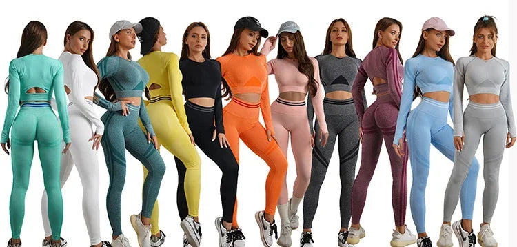 2 Pieces Gym Set Workout Clothes For Women Fitness Long Sleeve Crop Top Seamless Scrunch Butt Leggings Yoga Sport Suits