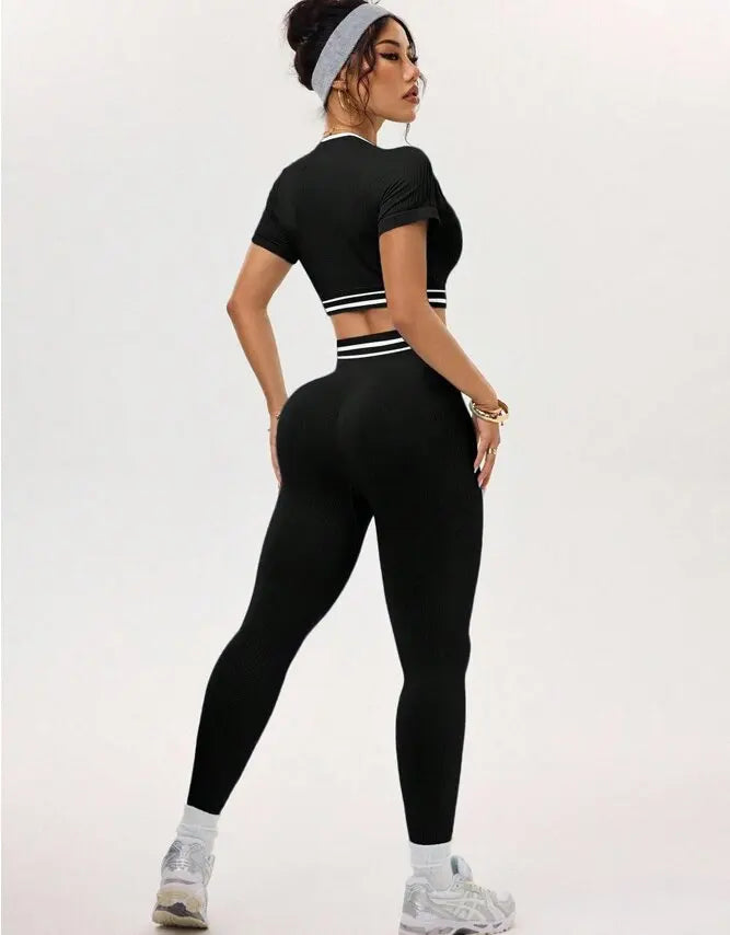 Women Gym Sets Crop Top Shirts Leggings Suits Elastic Fitness Sports Casual Workout Athletic Yoga Pants Tights 2 Pecs Sportswear