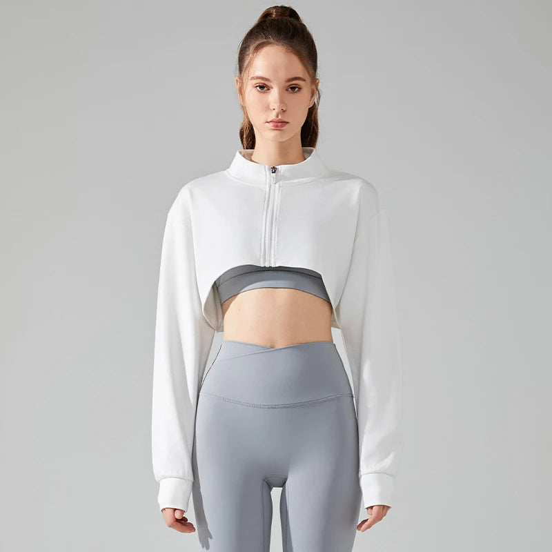 Women Yoga Crop Top Sports T-Shirts Gym Clothing Loose Full Zip-up Long Sleeve Sportswear Workout Clothing Fitness Jacket