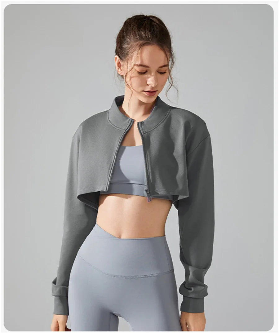 Women Yoga Crop Top Sports T-Shirts Gym Clothing Loose Full Zip-up Long Sleeve Sportswear Workout Clothing Fitness Jacket