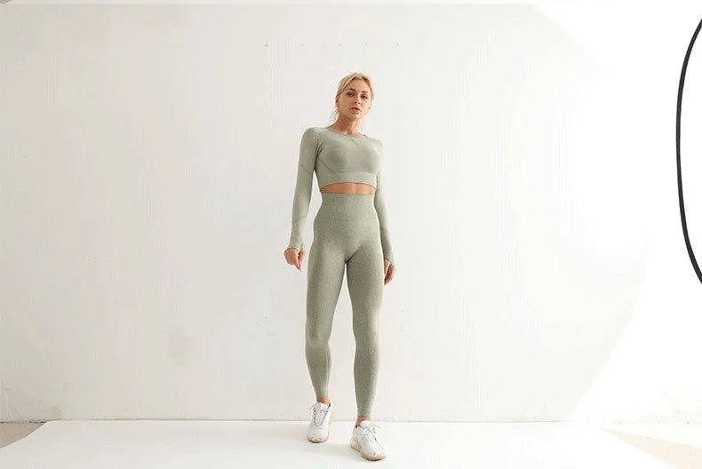 Seamless Yoga Sets Women Workout Sportswear Gym Clothing Long Sleeve Crop Top High Waist Leggings Workout Fitness Sports Suits