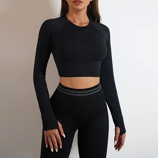 2 Pieces Gym Set Workout Clothes For Women Fitness Long Sleeve Crop Top Seamless Scrunch Butt Leggings Yoga Sport Suits