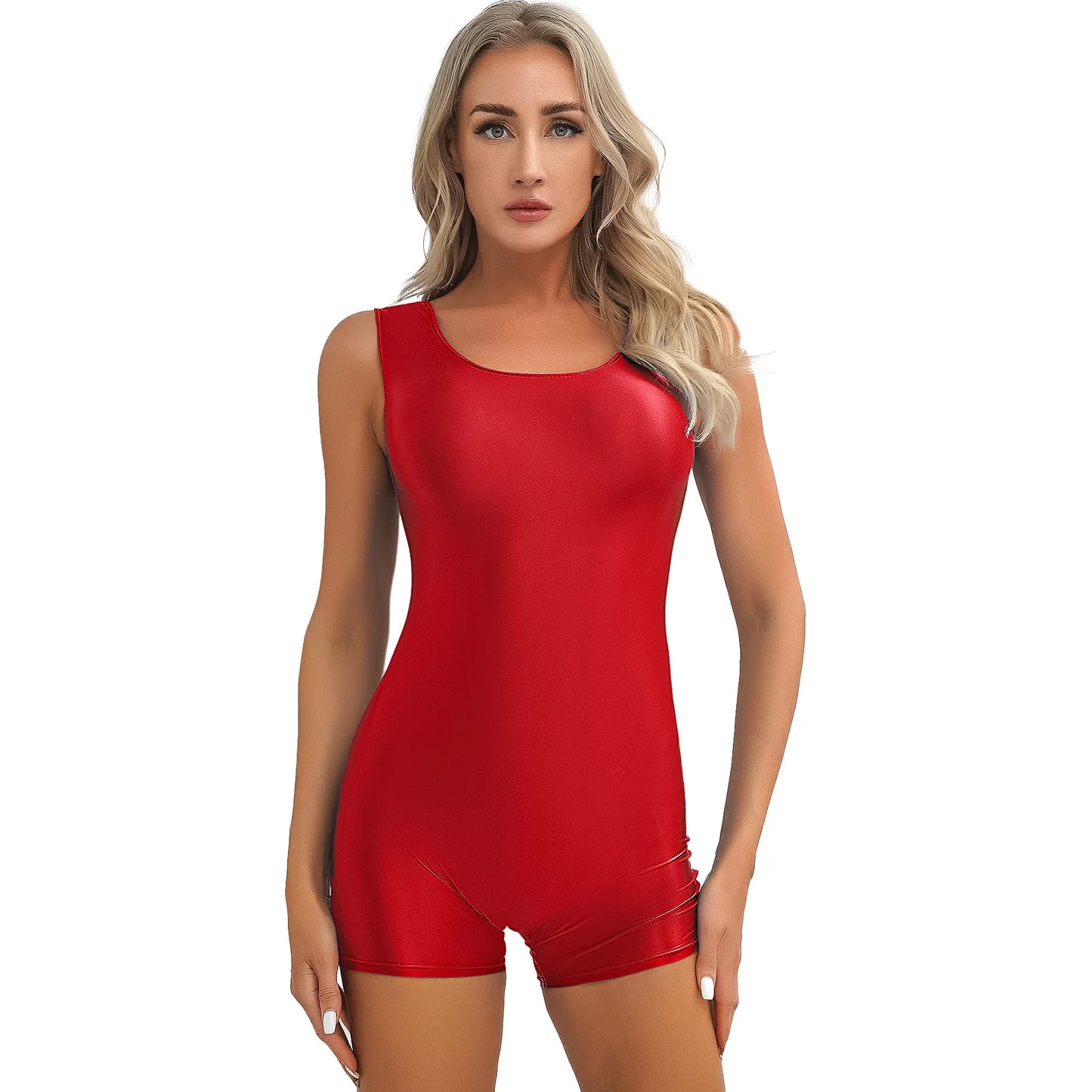 Women Glossy Sleeveless Gymnastics Yoga Sport Boyleg Bodysuit Pilates Aerobics Dance Leotard Gym Bodybuilding Workout Playwear