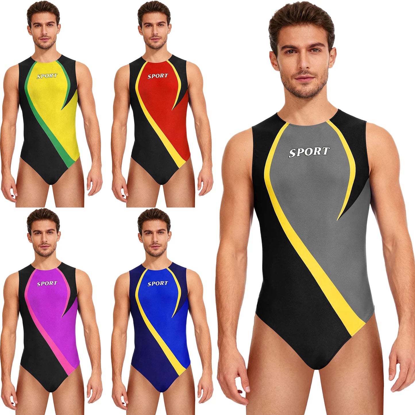 Swimwear Mens Gym Workout Athletic Leotard Jumpsuit Swimsuit Round Neck Back Invisible Zipper Color Block Sports Bodysuit