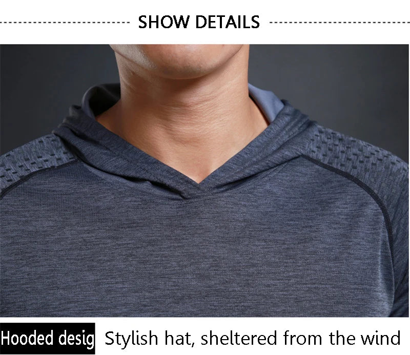 Men Elastic Running Tops Breathable Long Sleeve Gym t Shirt Male Casual Hooded t-Shirts Quick Dry Fitness Shirts Man Clothing