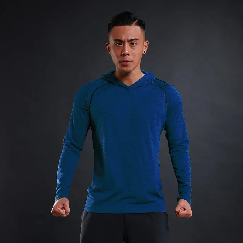 Men Elastic Running Tops Breathable Long Sleeve Gym t Shirt Male Casual Hooded t-Shirts Quick Dry Fitness Shirts Man Clothing