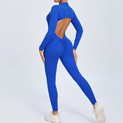 Women Sportwear Yoga Jumpsuit Zipper Long Sleeve Back Open Outfit Fitness Tracksuit Tight One-piece Gym Overalls Sports Bodysuit