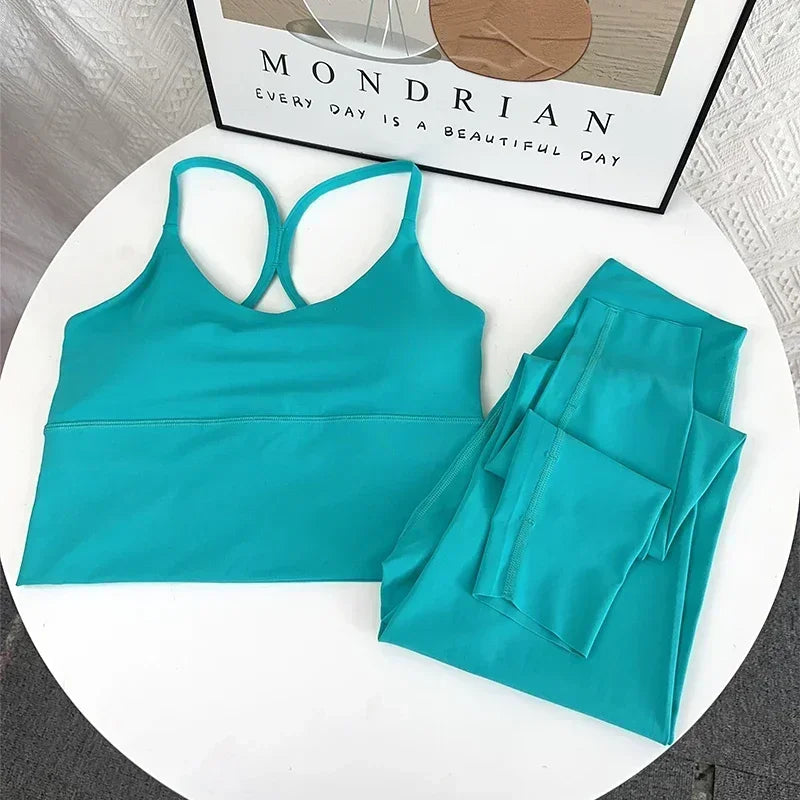 2 Piece Yoga Set Sportswear Fitness Suits Sexy Cross back Yoga Tops Elasticity High Waist Leggings Running Sports Clothing👚👍️