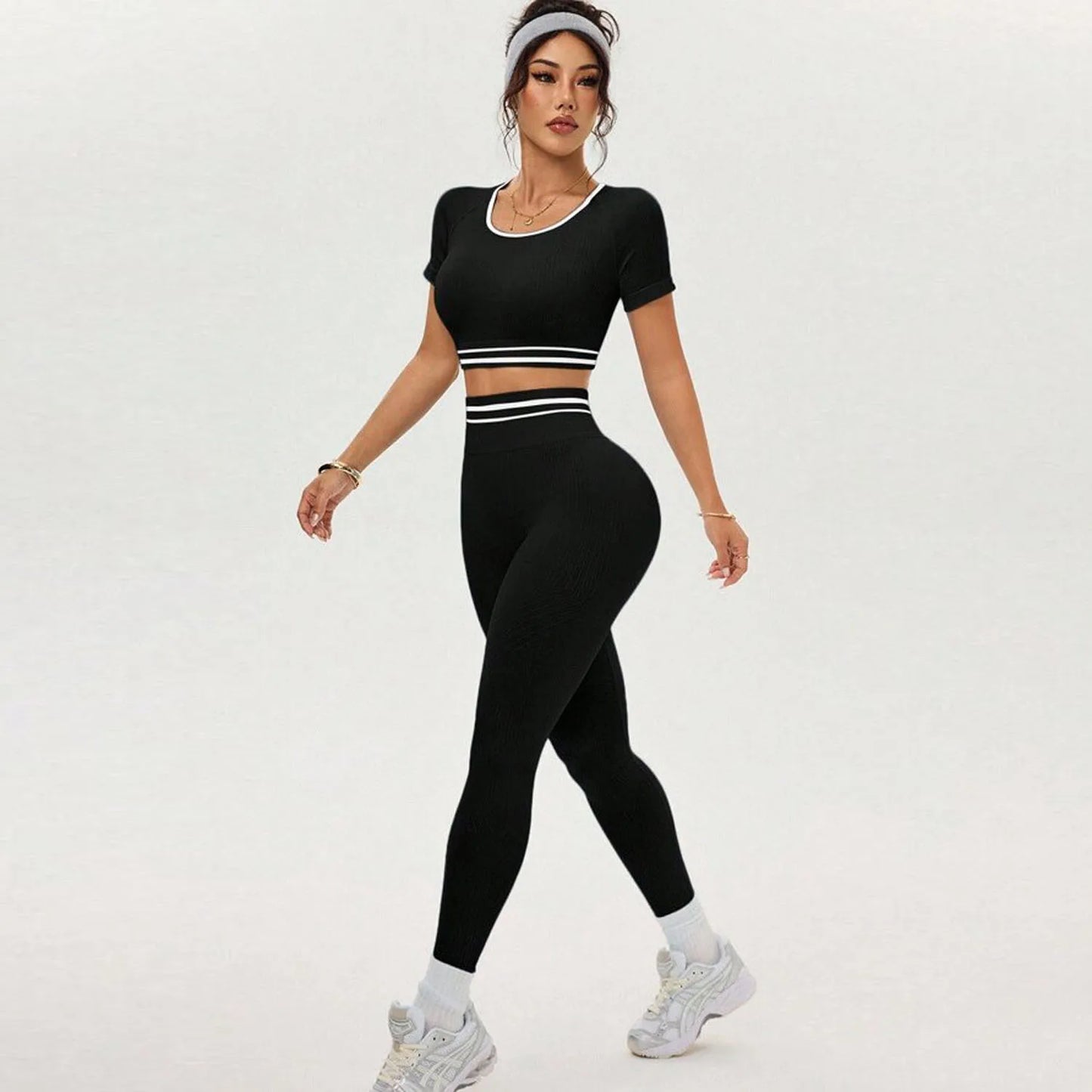 Women Gym Sets Crop Top Shirts Leggings Suits Elastic Fitness Sports Casual Workout Athletic Yoga Pants Tights 2 Pecs Sportswear