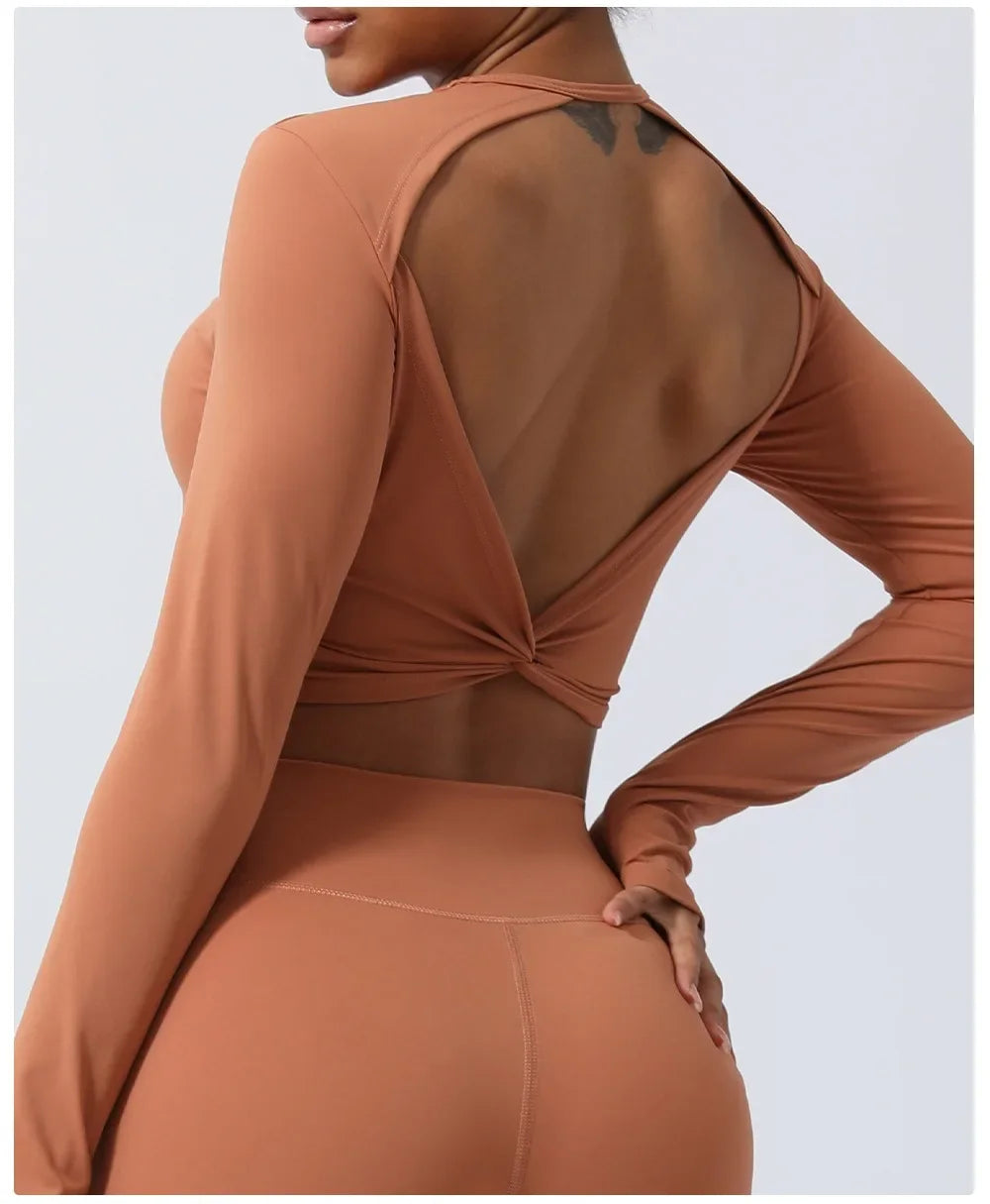 Sexy Backless Long Sleeve Yoga Clothing Stretch Gym Workout  Top Female Running Quick Dry Sportswear Women Back Cross Sports Top