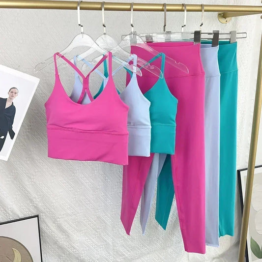 2 Piece Yoga Set Sportswear Fitness Suits Sexy Cross back Yoga Tops Elasticity High Waist Leggings Running Sports Clothing👚👍️