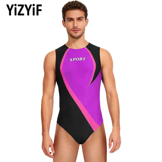 Gym Bodybuilding Leotard for Mens One-piece Swimsuit Sleeveless Zipper Color Block Sports Bodysuit Workout Athletic Costume
