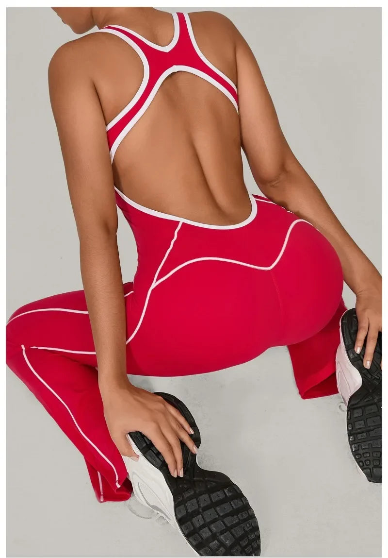 Yoga Jumpsuit Sports Fitness Hip Lifting Pleating Beautiful Back One-piece Micro Flared Workout Clothing Gym Bodysuit for Women